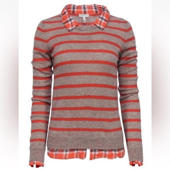 Joie Sweaters - JOIE Tan Orange Stripe Cashmere Sweater with Plaid Collar Shirttails Lightweight